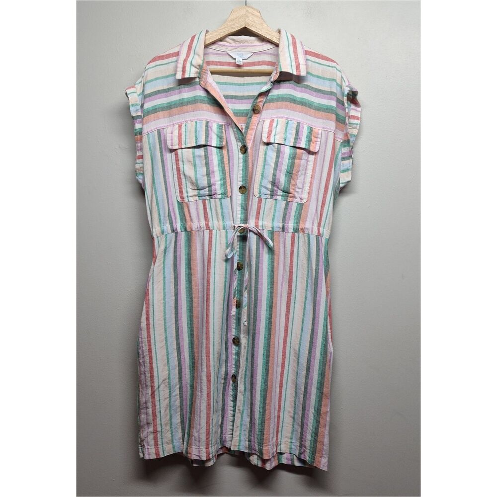 Time And Tru Linen Mini Dress Women M Red Blue Stripe Short Sleeve Beachy Resort